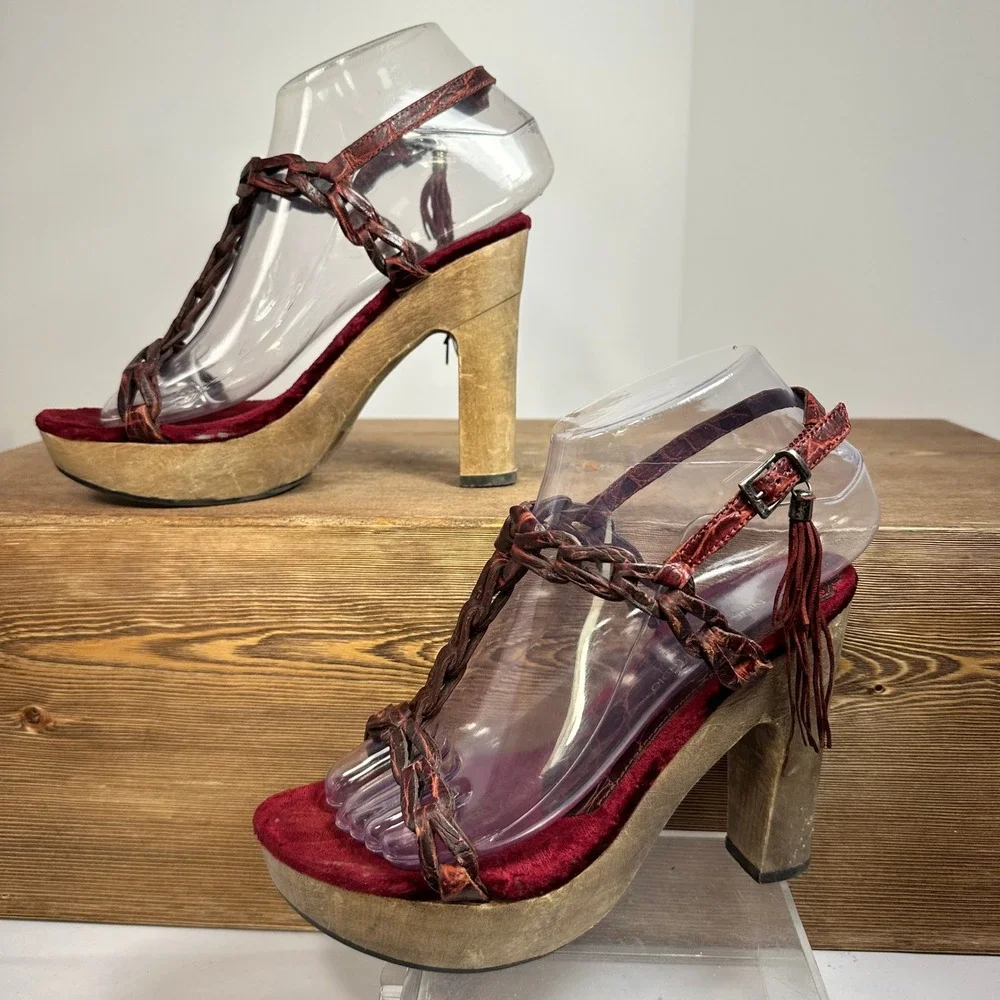 Nine West Braided Leather Wood Platform T Strap Sandals Boho 5M Velvet Wood Heel